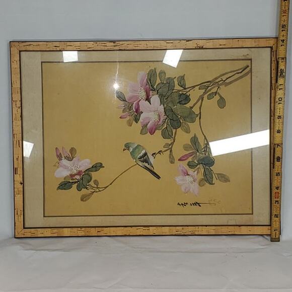 Vintage Bird and Flower Art Print Asian Botanical Bamboo Frame Wall Decor 21x14 - Picture 2 of 3